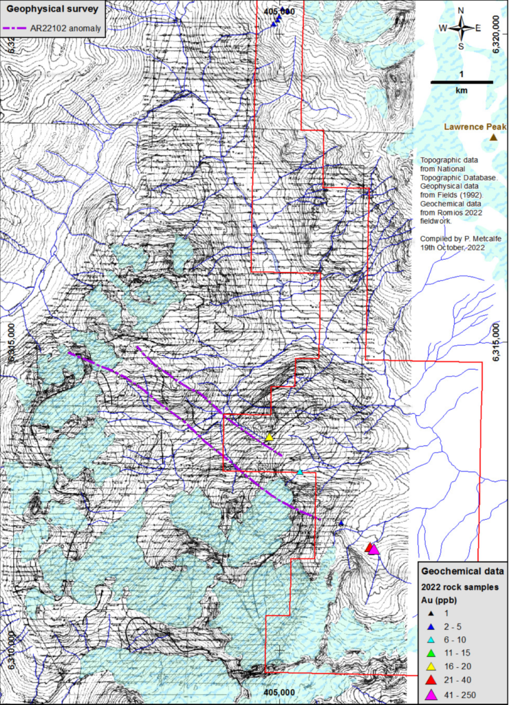 2022 Rock samples overlaid on historic airborne geophysical survey (Fields 1992)